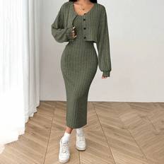 Shein Autumn Ribbed Knit Drop Shoulder Front Button Jacket And Skinny Mid-Length Dress Set