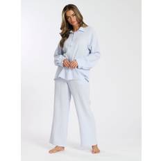 M Pyjamas Loungeable Cotton Waffle Long Sleeved Trouser Set - Blue