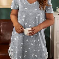 Red Nightgowns Temu Women's Red Heart Print Nightgown With Lace Trim - Red Heart
