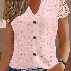 Chic Pink V-neck Blouse With Cat Ears And Lace Detailing - Elegant Short Sleeve Top