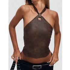 Skinn Linnen Shein Vintage Grimma Bandage Läderlinnen Sexiga Rygglös Ring Slim Fit - Brun