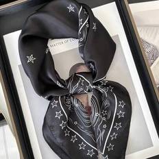 Shein Accessoarer Shein Kvinnor Liten Satin Fyrkantigt Tryck Wrap Näsduk Bandana - Svart Stjärna