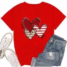 Shein Valentines Shirts For Women Leopard Plaid Love Heart Graphic T Shirt - Red