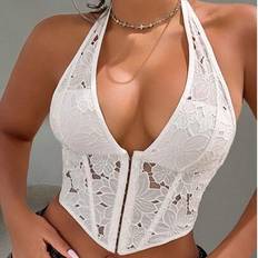 Shein Elegans Sexig Spets Blommig Broderi Korsett Sommar Crop Grimma - Vitt