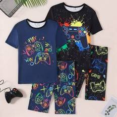 128/134 Pyjamasar Barnkläder Shein Teen Boy 4PCS Gaming Luminous Graffiti Print Snug Fit Rundhalsad Kortärmad Topp & Långbyxor Pyjamasset - Multifärgad