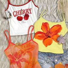 Orange Tank Tops Shein Sexy Cute Cherry Hibiscus Floral Print Spaghetti Strap Camisole Tops - Orange
