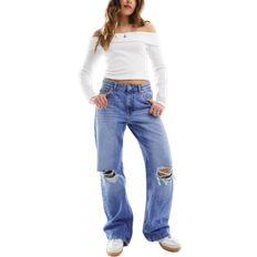 Bershka Mellanblå Jeans Med Vida Ben Och Slitna - Knän