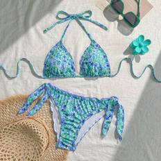 Polyester Bikinis Shein Cute Floral Lace Pleated Bikini Two Pieces Set - Summer Island Vacation