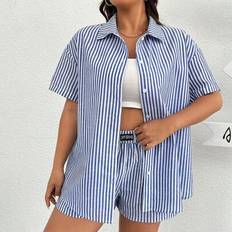 Shein Plus Size Woven Striped Casual Shirt And Shorts Set - Blue/White
