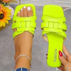 Women - Yellow Slides Shein Casual Fashion Versatile Fluorescent Yellow Open Toe Flat Slippers - Fluorescent Yellow