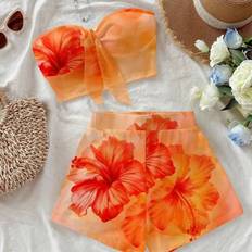 Shein Soleia 2pcs Women's Casual Resort Style Background Swimwear Set - Orange Hibiscus
