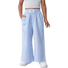Shein Young Girl Casual Striped Plaid Letter Patched Detail WideLeg Straight Pants