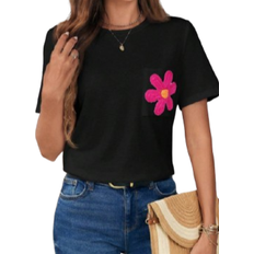 Shein Womens Casual Crew Neck Pocket Flower White TShirt