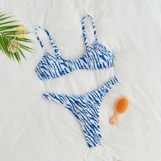 Shein Dam Sommar Semester Strandgrimma Rygglös Topp och High Cut Shorts Bikini Set - Blått/Vitt