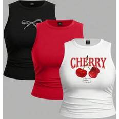 Pockets - Women Tank Tops Shein 3-Piece Set Plus Size Women's Casual Simple Leopard Cherry Bow Pattern Tank Tops - Summer