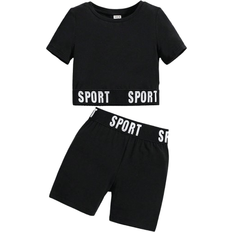 Shein Girls' Sporty Street Knit Round Neck Short Sleeve T-Shirt And Base Shorts Set