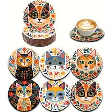 Temu 6 Pcs Vibrant Cat Series Wooden Coasters 3.93 in Colorful Floral Leaf Design Coaster