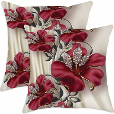 Shein 2pcs Red Floral Velvet Throw Pillow Cover, 17.7x17.7inch, Decorative Cushion Case For Living Room, Bedroom, Sofa, Bed, Gift For Spring Party, Does Not Include Pillow Insert Örngott Röd, Beige (50x30cm)