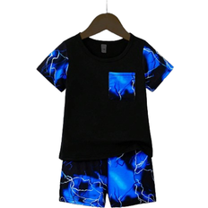 Shein pcs Young Boy Blue Lightning Print Short Sleeve TShirt And Shorts Set Comfy And Stretchable Outfit For Children