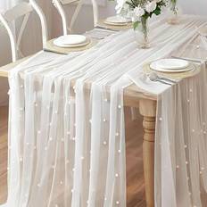 Shein Faux Pearl Decor Table Runner 1pc Tablecloth White