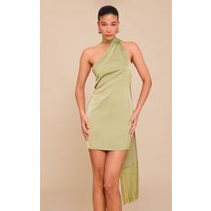 PrettyLittleThing Satin Wrap Fringe Detail Mini Dress - Olive