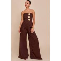 PrettyLittleThing Woven Bandeau Trim Detail Straight Leg Jumpsuit - Chocolate