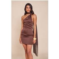 PrettyLittleThing Satin Wrap Fringe Detail Mini Dress - Chocolate