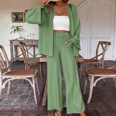 Women Suits on sale Shein Women Linen Jacket And Wide Leg Pants Suit - Spring/Summer
