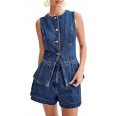 Denim - Women Vests Shein Beauace Women's Denim Long Vest Tops Button-Up Back Slit Sleeveless Pocket Round Neck Waistcoat