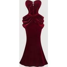 Shein Women Vintage Elegant Ruched Fitted Party Dress - Burgundy