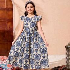 Children's Clothing Shein Print Pattern Ruffled Sleeve Empire Waist Long Dress - Tween/Girls