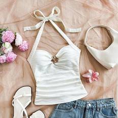 Shein Plus Size V-ringad Blommig Metallspänne - Vitt