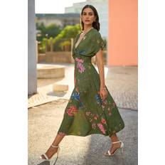 Yumi Bird And Floral Print Ruched Waist Kimono Midi Dress - Green