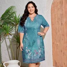 Shein Plus Size Kvinnor Casual Blommig Klänning - Marinblå