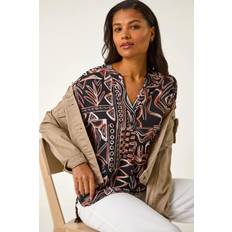 Orange Blouses Roman Textured Ikat Print Stretch Top - Orange