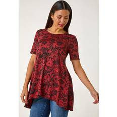 Orange Blouses Roman Floral Print Hanky Hem Tunic Top - Orange