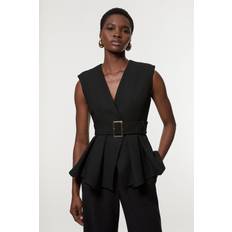 Karen Millen Outerwear Karen Millen Compact Stretch Belted Peplum Sleeveless Tailored Jacket - Black