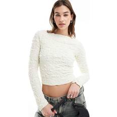 Motel Crinkle Long Sleeve Crop Top - Cream