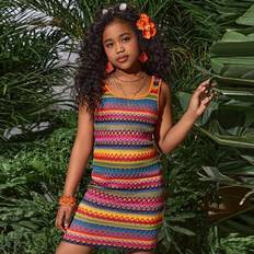 Children's Clothing Shein Tween Girl Tropical Textured Knit Snug Fit Dress - Mommy/Me Matching Outfits