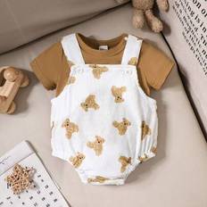6-9M Pyjamases Shein Newborn Spring Summer Casual Style Round Neck Short Sleeves Solid Top Bear Embroidery Pajamas