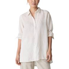 Eileen Fisher Puckered Organic Linen Stripe Classic Collar Shirt - Chalk