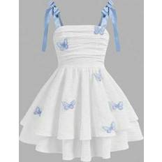 Children's Clothing Shein Tween Girl Cute Butterfly Decoration Woven Solid Color Bubble Pleated Double Layer Cake Hem Casual Bow Sling French Fairy Dress