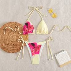 M Bikini Sets Shein Women Floral Print Tie Front Triangle Top And Side Tie Triangle Bottom Bikini Set - Summer