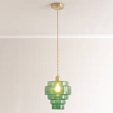 ValueLights Lane Green Glass 5 Tier Shade Brushed Gold Ceiling Light and Bulb Pendant Lamp