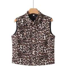 Shein Dam Västar Shein Enkelknäppt Krage För Kvinnor Avslappnad Väst Med Leopardtryck - Multifärgad