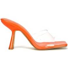Orange Heeled Sandals XY London Lacie Square Toe Thin Block High Heel Mule Sandals With Perspex Strap - Orange