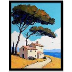 Blue Framed Art ARTERY8 Holiday Cottage By Sea Coastal Spain Painting Print 12 inch x 16 inch Framed Art