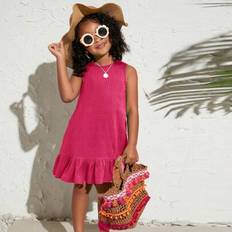 Polyester Dresses Children's Clothing Shein Young Girl Vacation Casual Fashion Solid Color Round Neck Sleeveless Dress