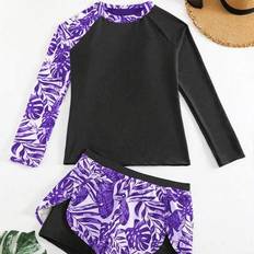 Purple Tankinis Shein Summer Beach Tropical Print Patchwork Long Sleeve Tankini Swimwear Set