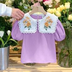 Purple Blouses & Tunics Children's Clothing Shein Young Girl Color Block Embroidery Collar Casual Blouse